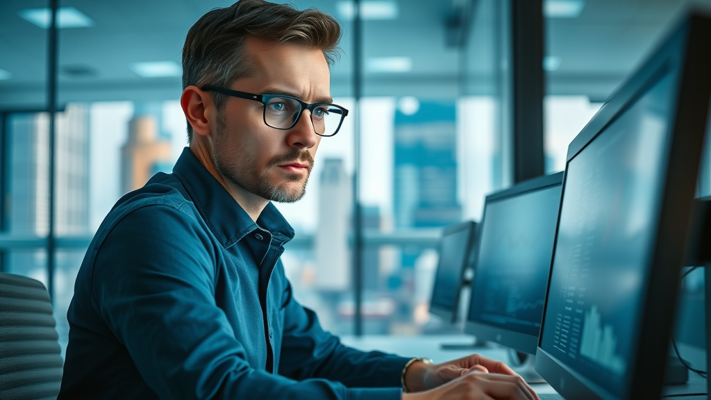 focused marketing professional analyzing digital local SEO data, local search strategy, desktop computer, digital charts, cityscape background, photorealistic