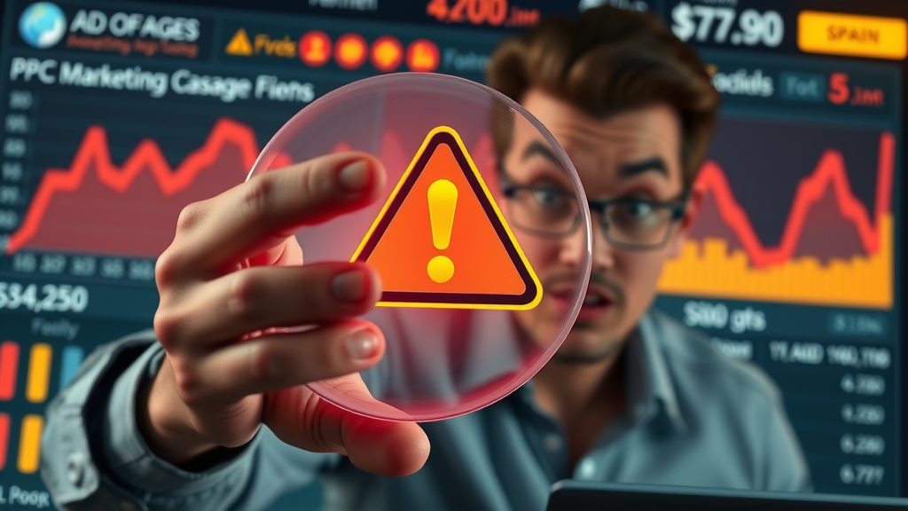 Visualization of pay-per-click advertising pitfalls and warning icons, highlighting areas where campaigns can fail