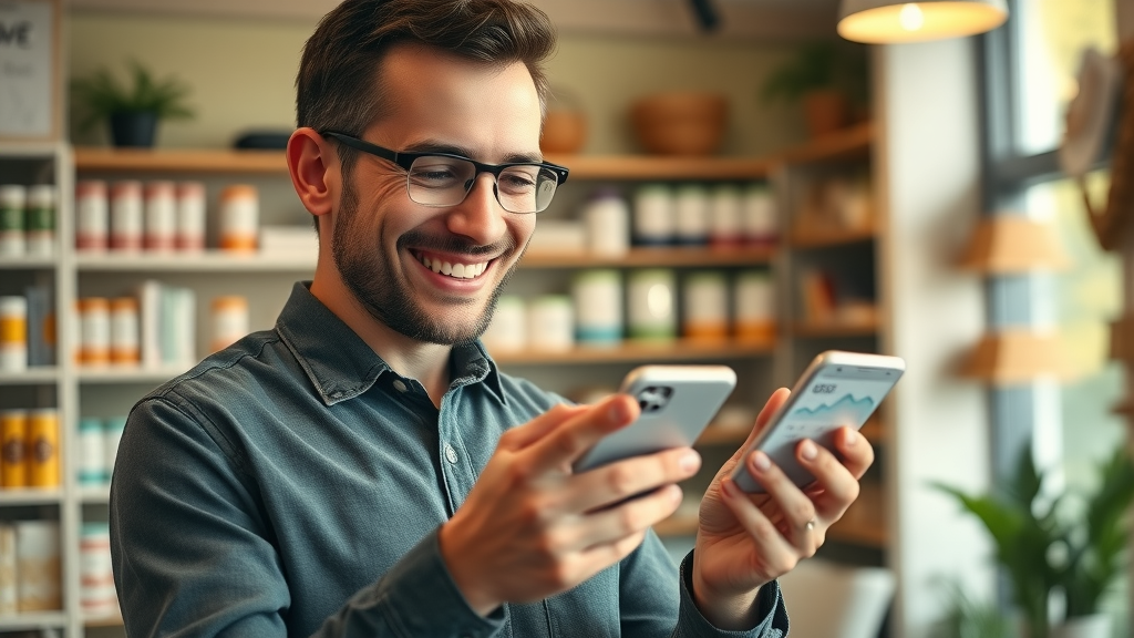 Small business owner in Muskegon viewing mobile app analytics
