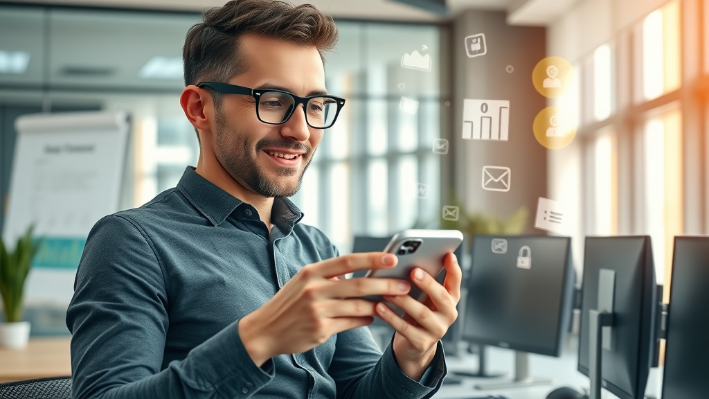 innovative small business owner using mobile app in modern office environment, small business productivity apps Muskegon