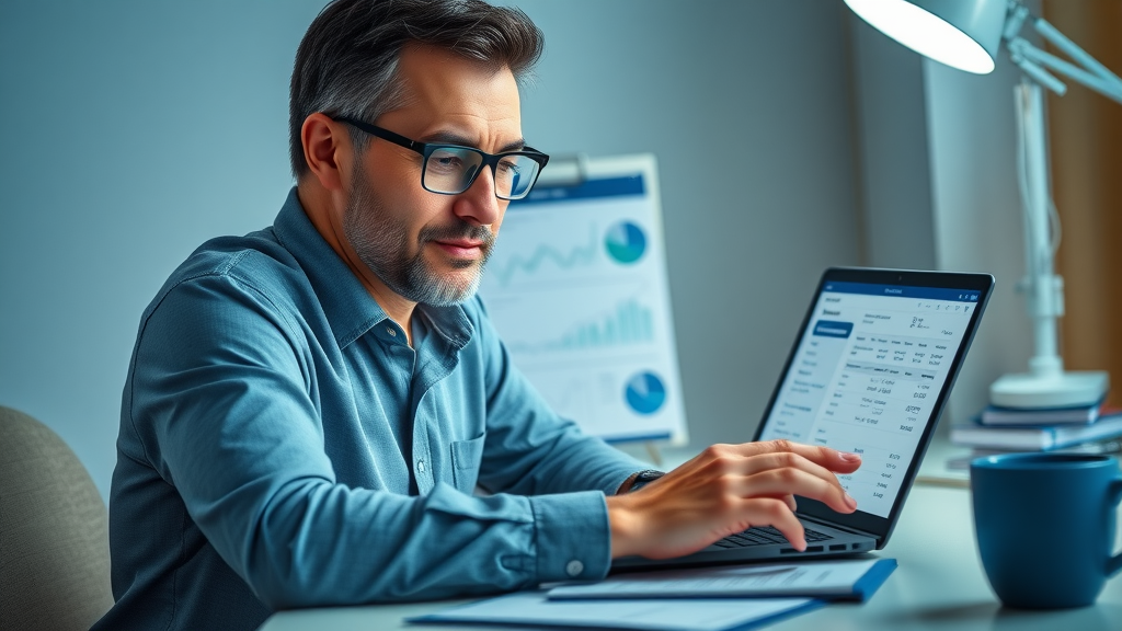 focused business owner managing finances using QuickBooks, small business productivity apps Muskegon