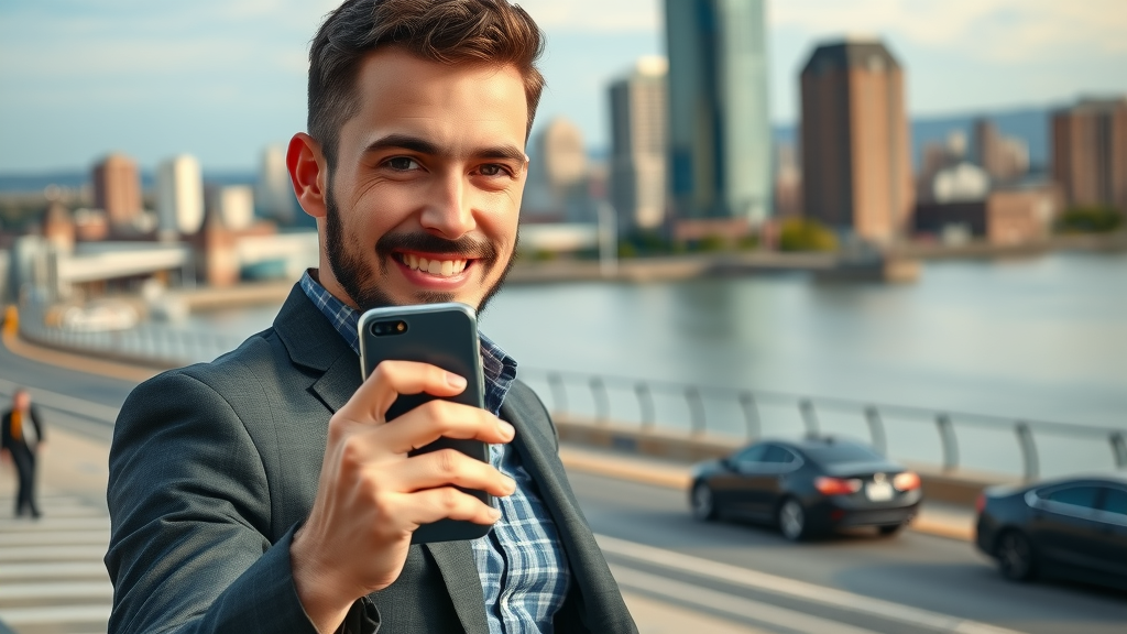 Entrepreneur using mobile app Muskegon urban skyline lake view