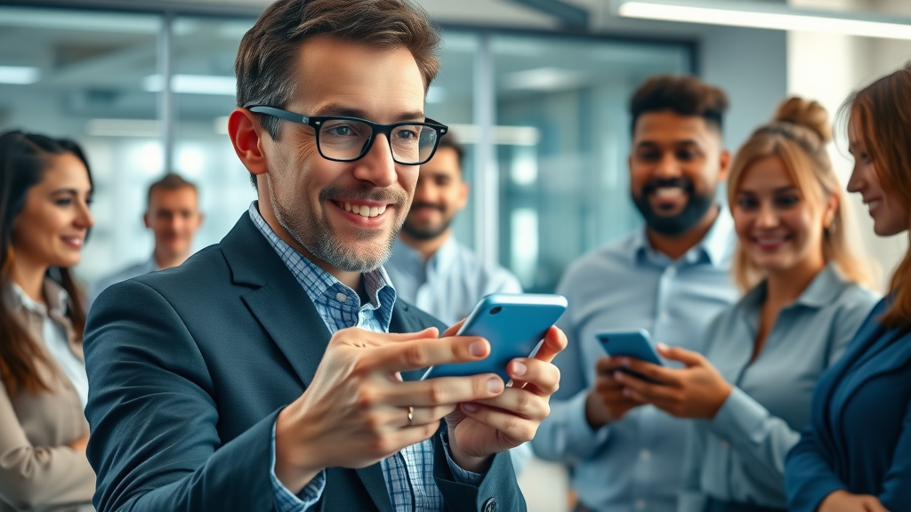 Business leader demonstrating mobile app features Muskegon entrepreneurs