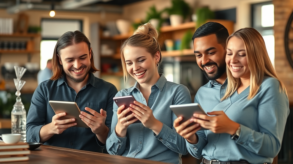 Muskegon small business team using business apps local cafe