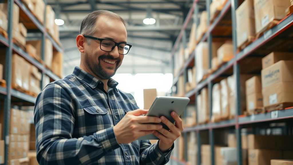 modern retail stockroom with satisfied local business owner using mobile tablet, organized inventory shelves, Muskegon signage, daylight, inventory management apps Muskegon