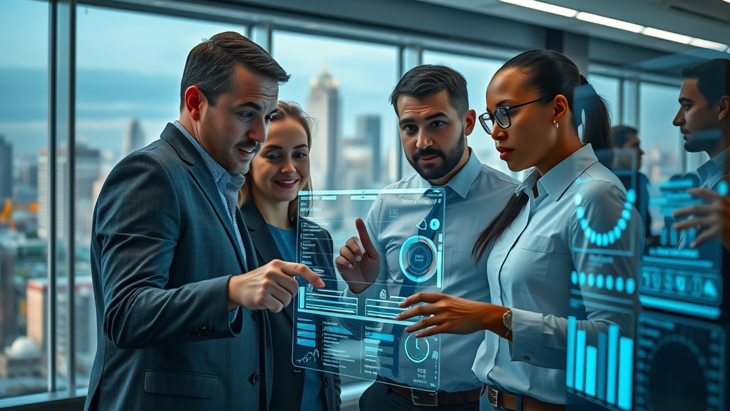 innovative tech interface with diverse business team, digital inventory dashboard, Muskegon cityscape, inventory management software