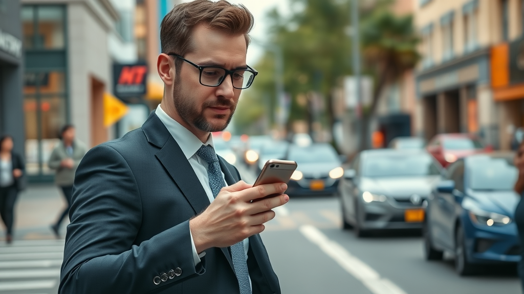 business professional on-the-go with smartphone and inventory management app, Muskegon street, mobile app accessibility