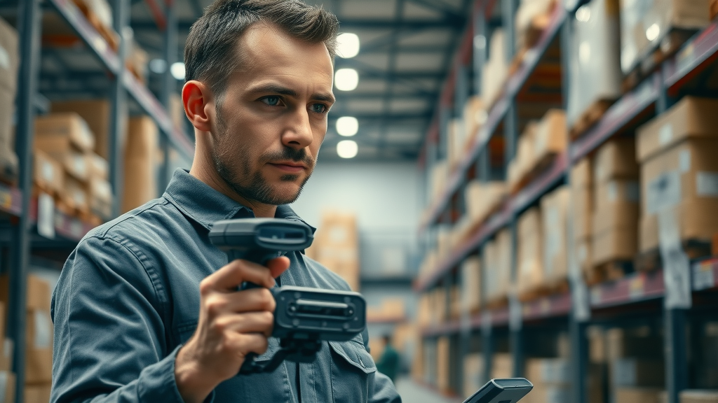 warehouse worker scanning barcodes for efficient inventory tracking, organized stock shelves, inventory management apps Muskegon
