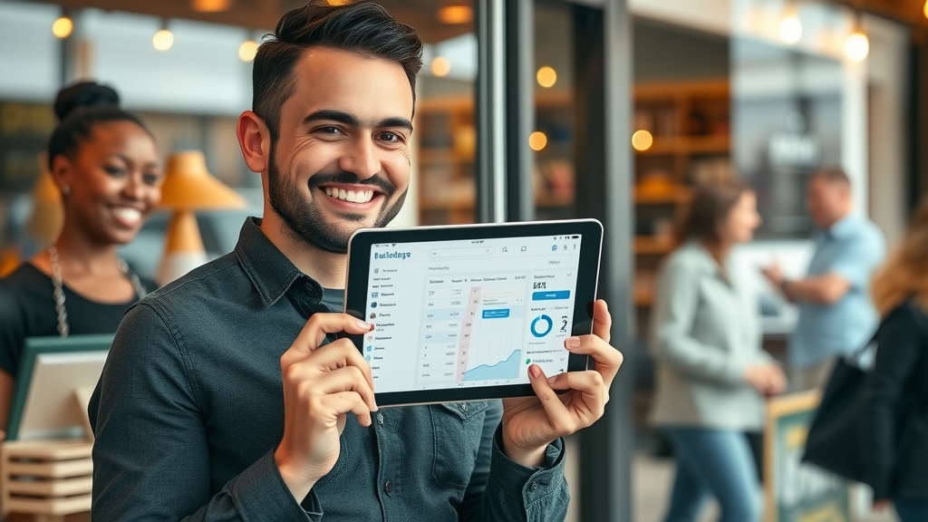 modern small business owner in Muskegon, Michigan confidently holding a tablet with mobile marketing app dashboard, cozy storefront, local decor, mobile marketing tools for small businesses Muskegon