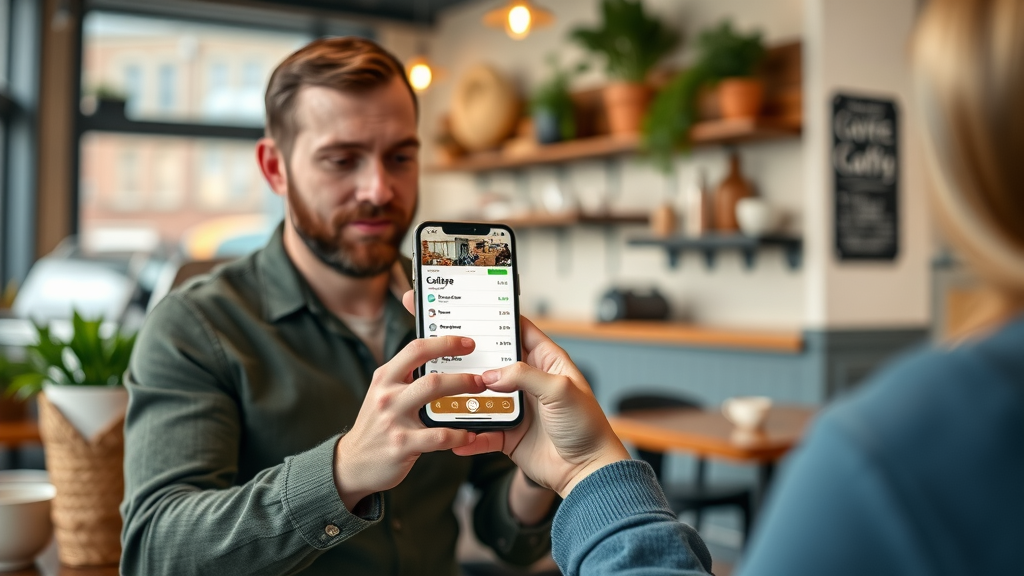Muskegon client using mobile app to make a booking at coffee shop, mobile marketing tools for small businesses Muskegon, cozy cafe scene