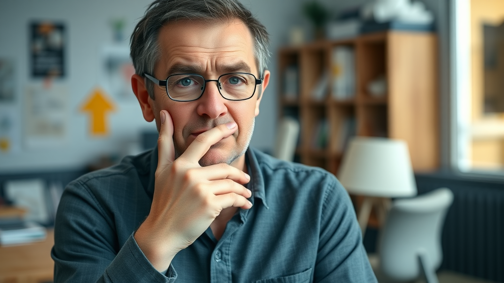 outdated business website, frustrated visitor, disappointed expression, poor mobile layout, Photorealistic High Fidelity Lifelike, cluttered home office background, highly detailed, blurred navigation elements, muted blue and gray tones, soft morning light, shot with a 50mm camera lens.