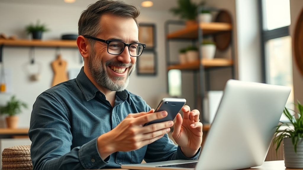 happy local business owner, satisfied, interacting with mobile-first responsive website on smartphone and laptop, Photorealistic High Fidelity Lifelike, cozy small business interior, highly detailed, technology in motion, natural earth tones, bright window light, shot with an 85mm camera lens.