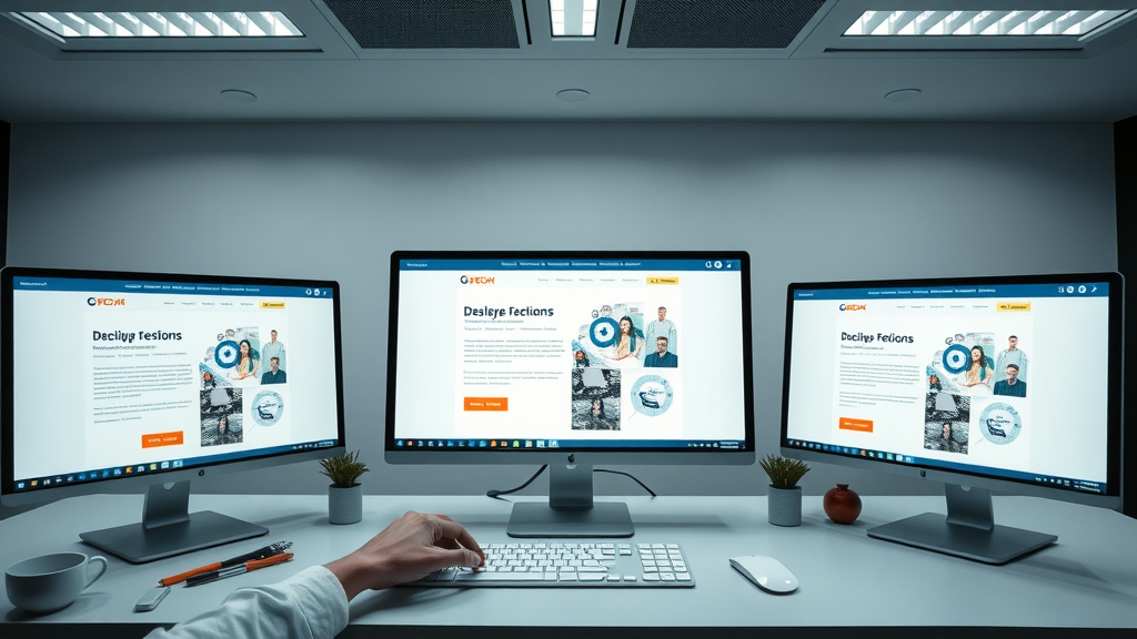sleek website homepage mockup, minimalist layout, clean and inviting, showcasing interactive web elements and call-to-action buttons, Cinematic, digital workspace with multiple screens reflecting Muskegon branding, highly detailed, elements appearing clickable, glassy whites and bright brand colors, even ambient lighting, shot with a wide-angle lens.