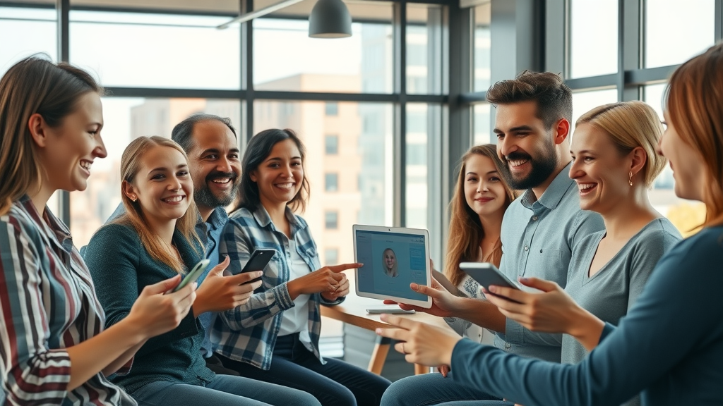 diverse group of users, delighted, navigating startup website seamlessly on various devices, Photorealistic High Fidelity Lifelike, modern co-working space with Muskegon cityscape through windows, highly detailed, smooth interaction with interface, rich natural colors, indirect noon sunlight, shot with a 24mm lens.