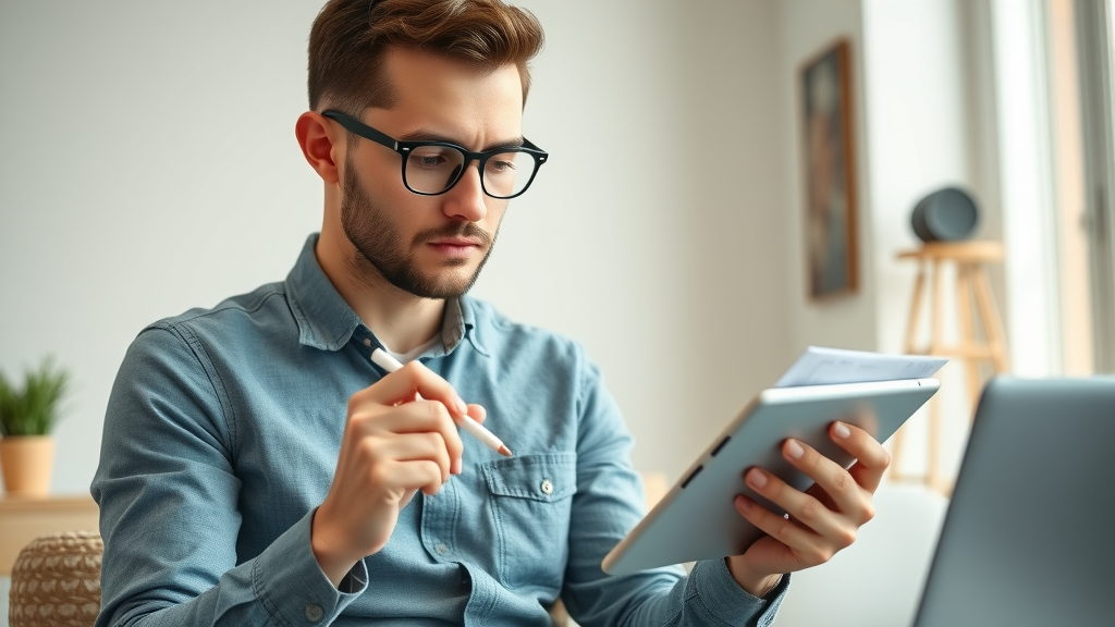 startup founder reviewing agency comparison checklist, thoughtful, analyzing web design portfolios on tablet, Photorealistic High Fidelity Lifelike, casual yet modern workspace, highly detailed, holding stylus and tapping on device, fresh pastel color palette, gentle overhead light, shot with a 40mm lens.