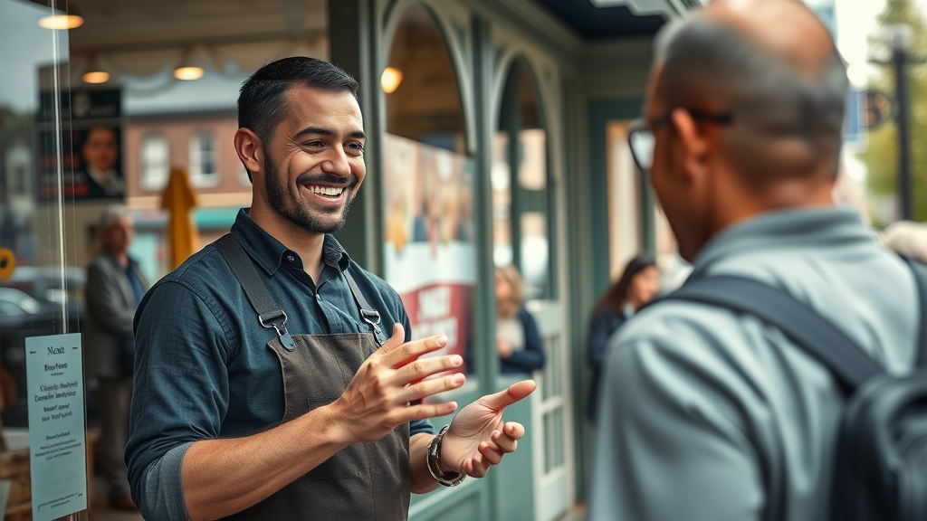 professional Muskegon small business storefront with confident business owner and bustling street scene, showcasing muskegon budget-friendly website design