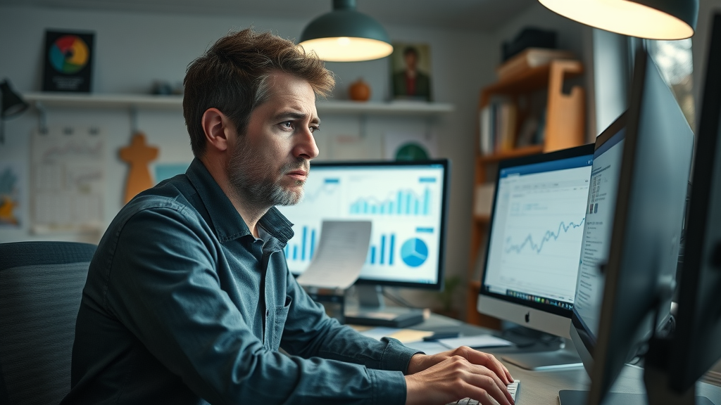 frustrated small business owner reviewing analytics in Muskegon office after ignoring website development service