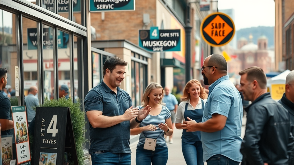 Dynamic Muskegon downtown business district with vibrant storefronts and small business owners engaging customers, brand identity video services in Muskegon