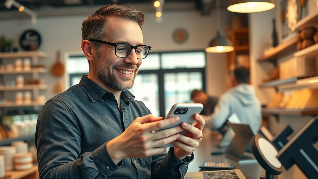 Happy Muskegon business owner celebrating improved social media stats and visibility after brand identity video services