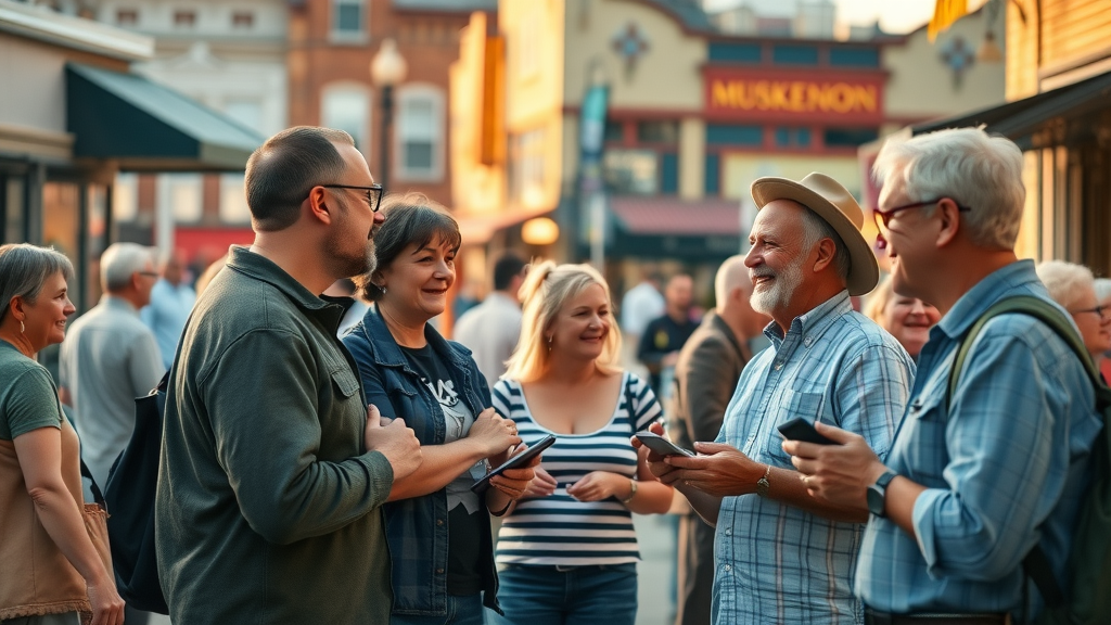 Busy downtown Muskegon streetscape with diverse small business owners networking, showcasing community and local Muskegon services