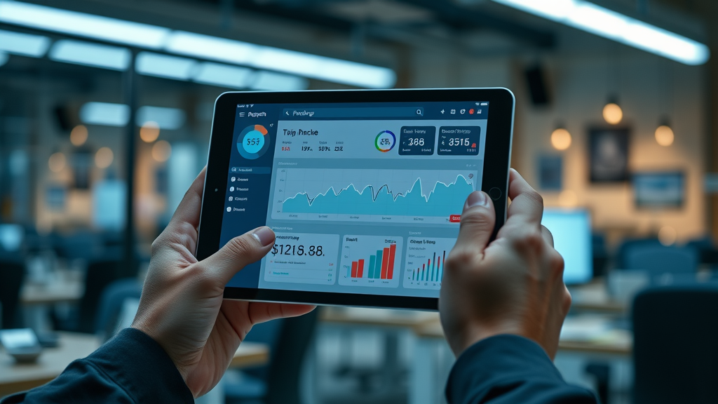 Modern office in Muskegon showing innovative finance app dashboard, business owner tracking finances using advanced bookkeeping services