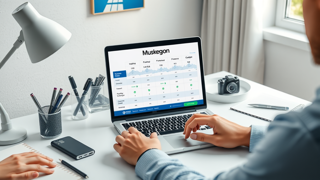 Comparing top small business finance apps Muskegon in a detailed workspace, focus on laptop displaying ranking chart for bookkeeping services