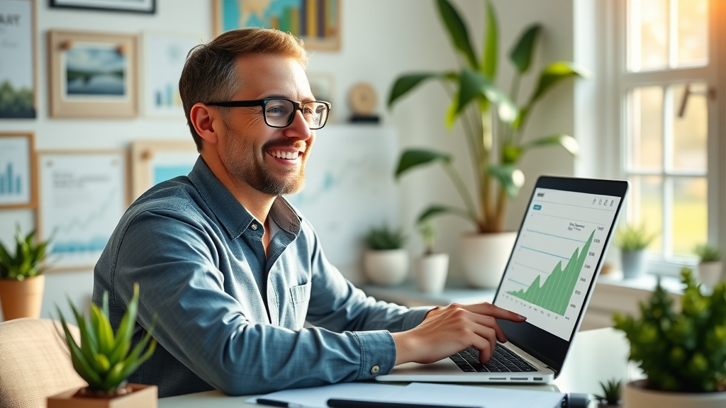 Motivated entrepreneur in Muskegon reviewing business finance app growth, happy with bookkeeping services and financial success
