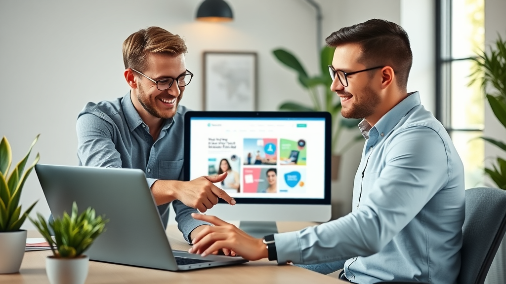 Web designer collaborating with Muskegon business owner affordable web design workspace