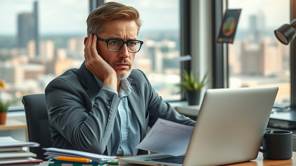 Stressed small business owner frustrated with website design in Muskegon office, cityscape through window, representing affordable web design for startups in Muskegon