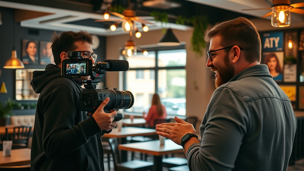 Creative team producing business video marketing content for Muskegon local café owner in 2025