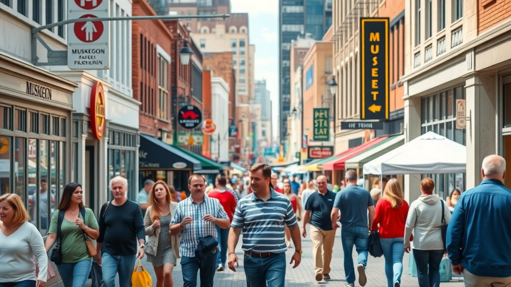 Vibrant Muskegon downtown showing strong Muskegon brand identity, local business engagement, and bustling streetscape