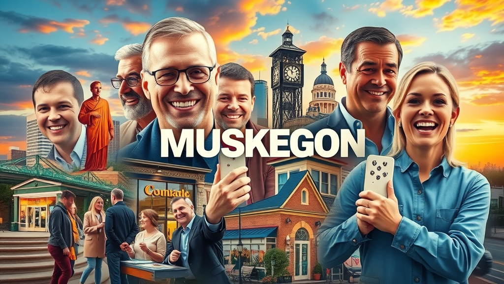 Dynamic Muskegon business collage showing logo design, business owners, and iconic city features highlighting brand identity