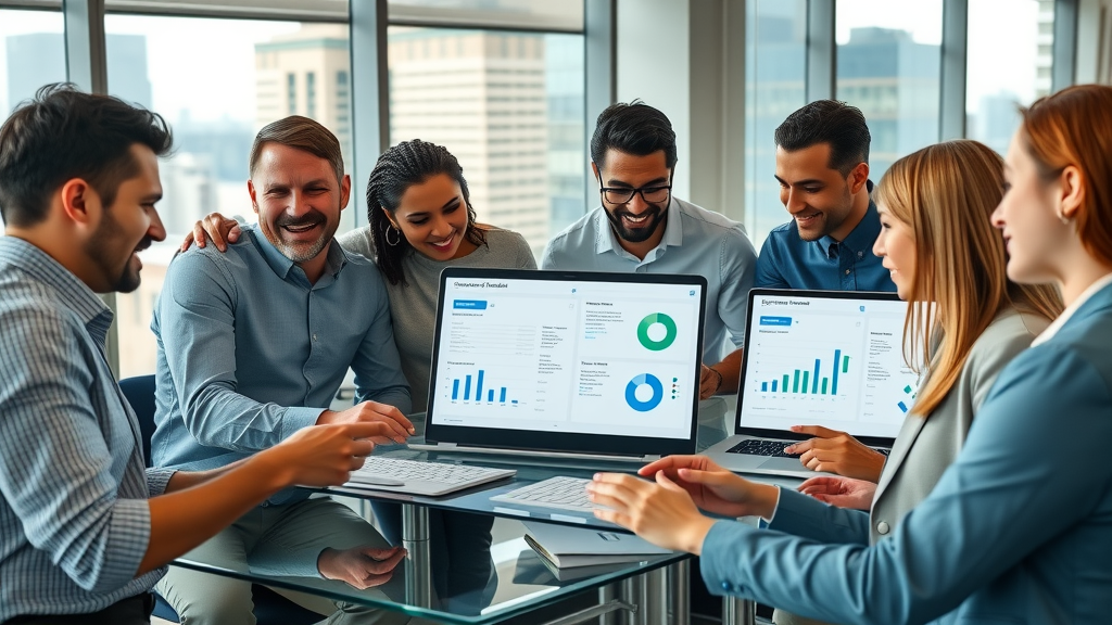 Muskegon business team collaborating with CRM dashboards in a modern office, diverse group using customer relationship management apps Muskegon