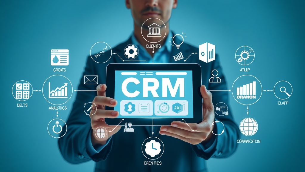 CRM software lifecycle infographic with seller using a CRM app on tablet, icons for client data, analytics, automation, and communication for Muskegon businesses