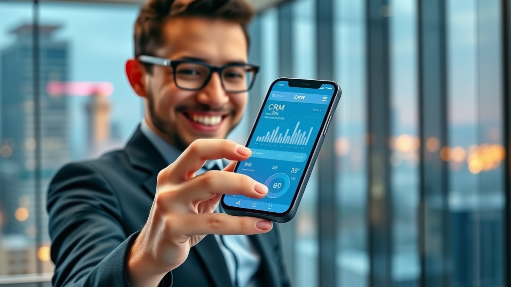 Smartphone displaying advanced CRM app with AI-driven analytics for Muskegon businesses, professional using customer relationship management apps Muskegon