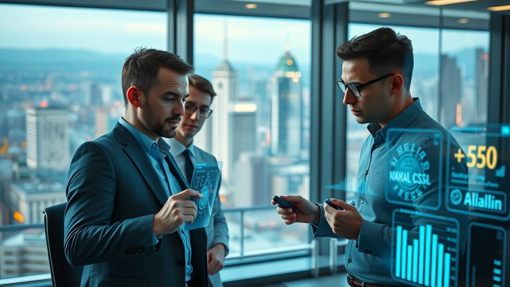 Futuristic digital marketing professionals collaborating with advanced AI analytics dashboards in a bustling city office for digital marketing strategies 2025