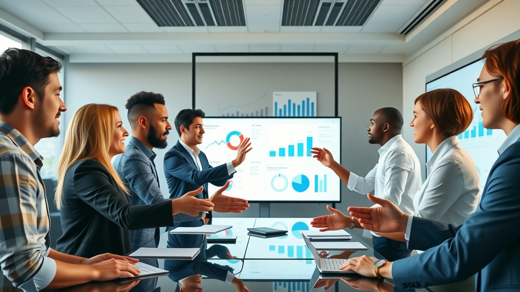 Diverse marketing team analyzing interactive digital marketing data charts in a sleek, modern conference room for 2025 strategy