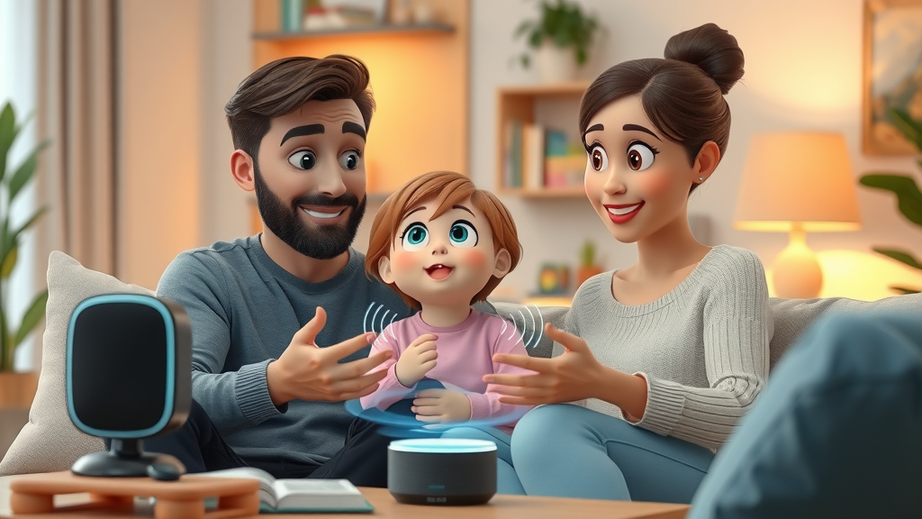 Modern, curious family interacting with a smart speaker voice assistant for hands-free voice search as a digital marketing trend in 2025