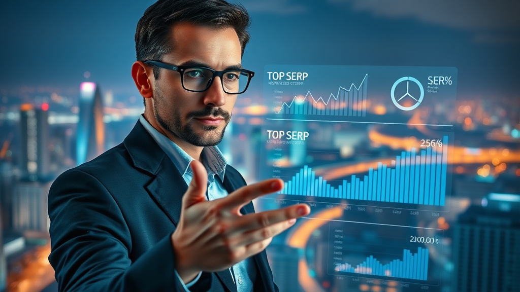 Professional digital marketer reviewing top SERP analytics on a transparent dashboard for digital marketing strategies 2025