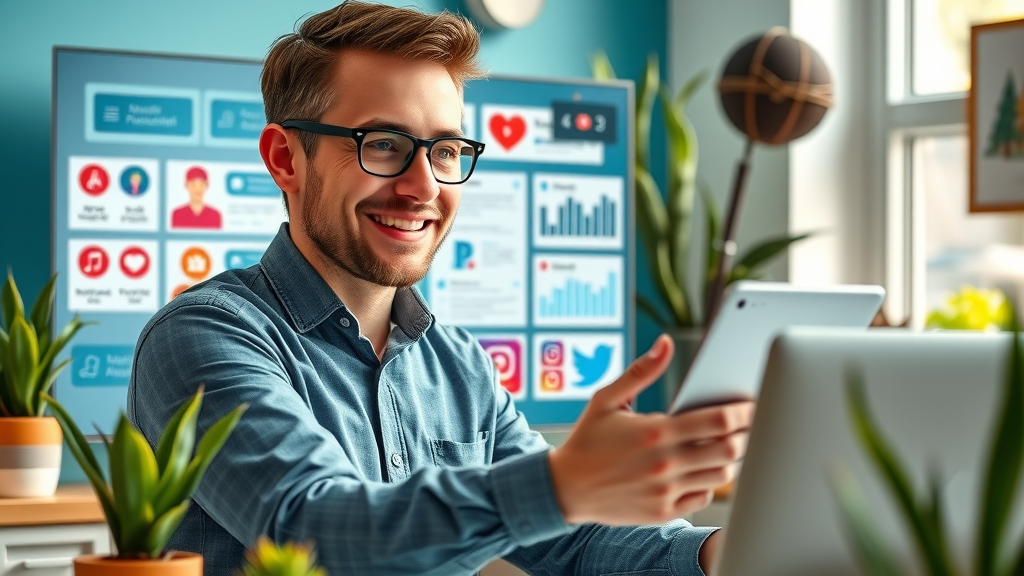 Friendly social media manager interacting with real-time dashboard for cross-platform digital marketing strategy in 2025