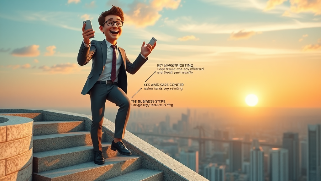 Ambitious business owner climbing staircase of key digital marketing strategy steps toward 2025 success