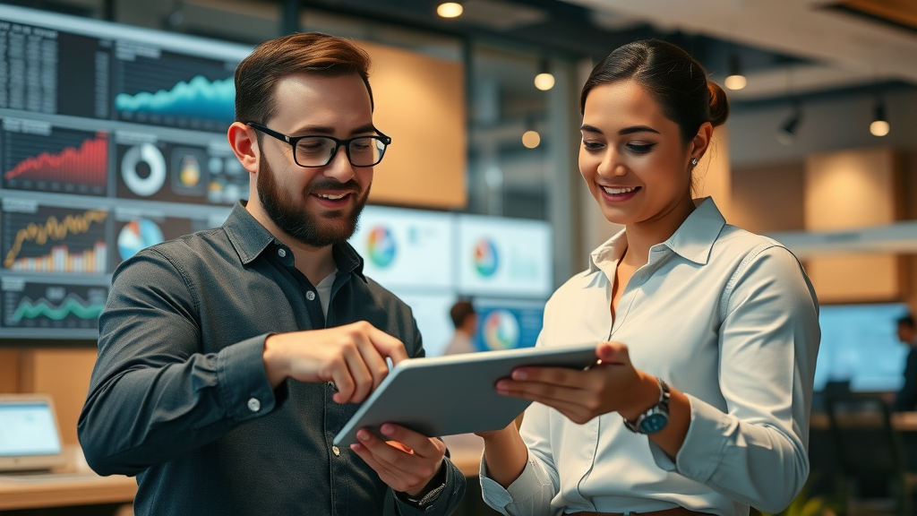 Innovative Muskegon business owners tracking business growth with marketing agency solutions