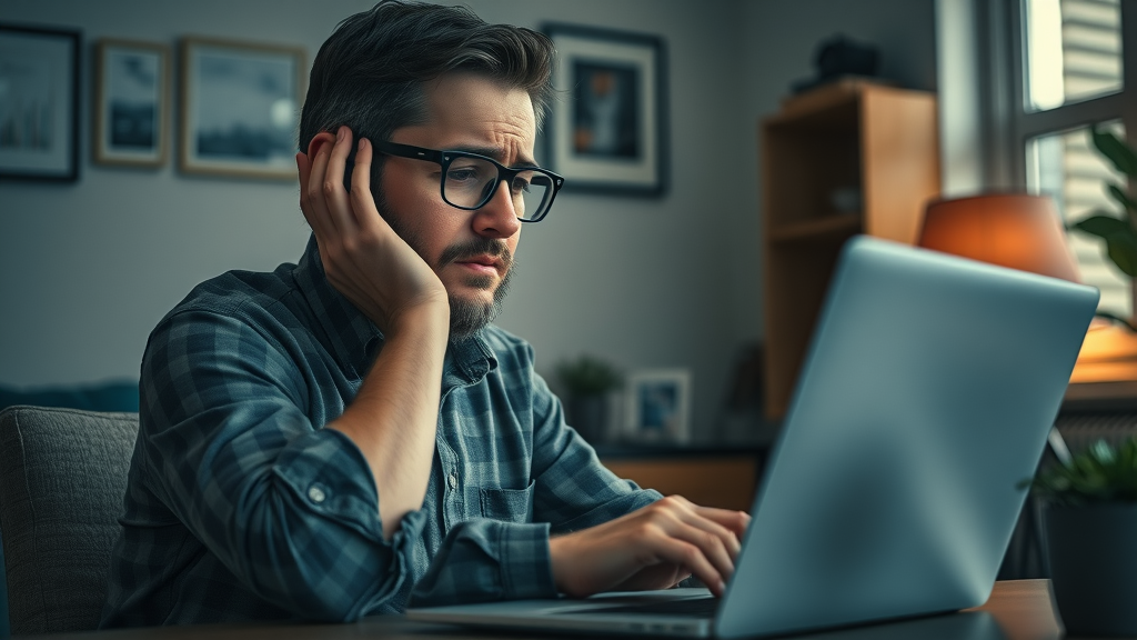 frustrated Muskegon small business owner stressed over low website traffic and metrics, cozy office with local branding, realistic digital overlays, natural posture and expression
