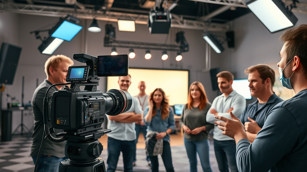 inspired Muskegon video production team filming diverse local business owners in a modern studio, vibrant professional atmosphere, dynamic crew in action, sharp lighting, everyone naturally engaged