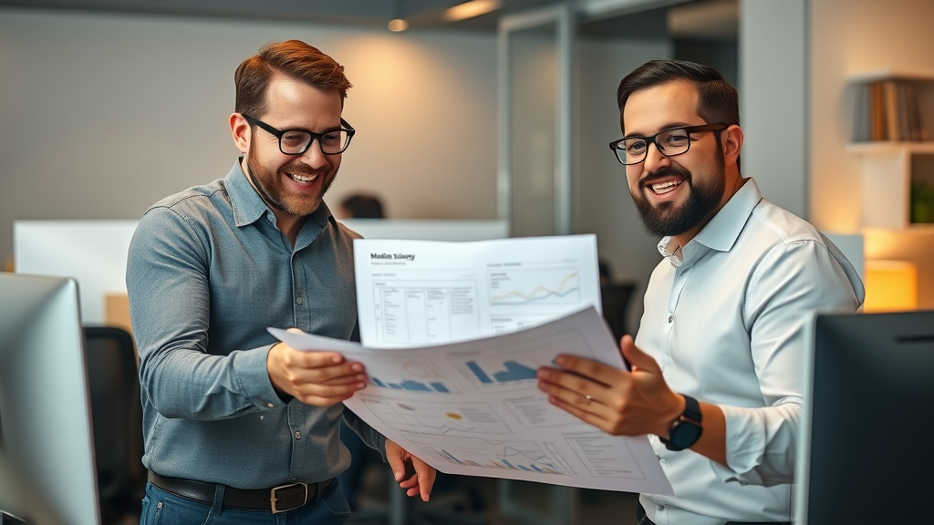 confident Muskegon video production and marketing team consulting with local business owner, collaborative office, detailed strategy blueprints and monitors, natural team interaction