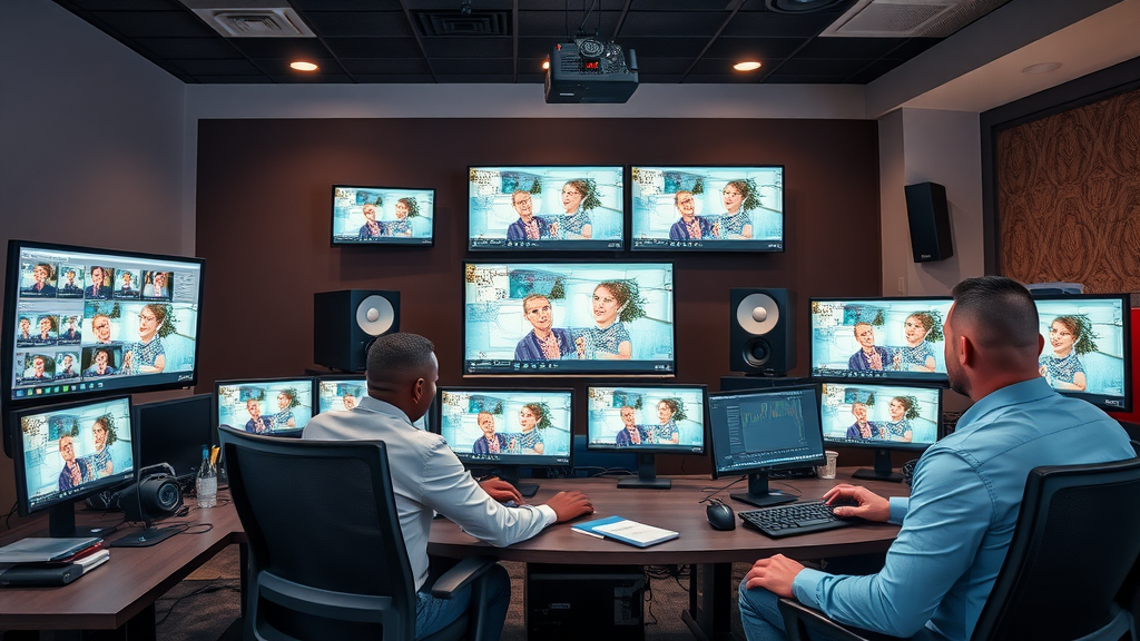 dynamic video production workspace in Muskegon, creative professionals editing product, testimonial, and training videos, stylish studio, multiple vibrant video screens, colorful and collaborative environment