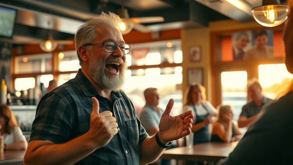 happy and successful Muskegon restaurant owner engaging with staff and customers, energetic restaurant with video marketing displays, realistic, inviting sunlight through windows