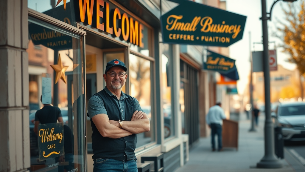 A compelling small business storefront in Muskegon with welcoming owner, city street, and vibrant signage – Muskegon web design services.