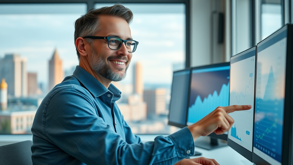 Muskegon entrepreneur pleased with upward analytics from web design—digital dashboard, modern workspace.