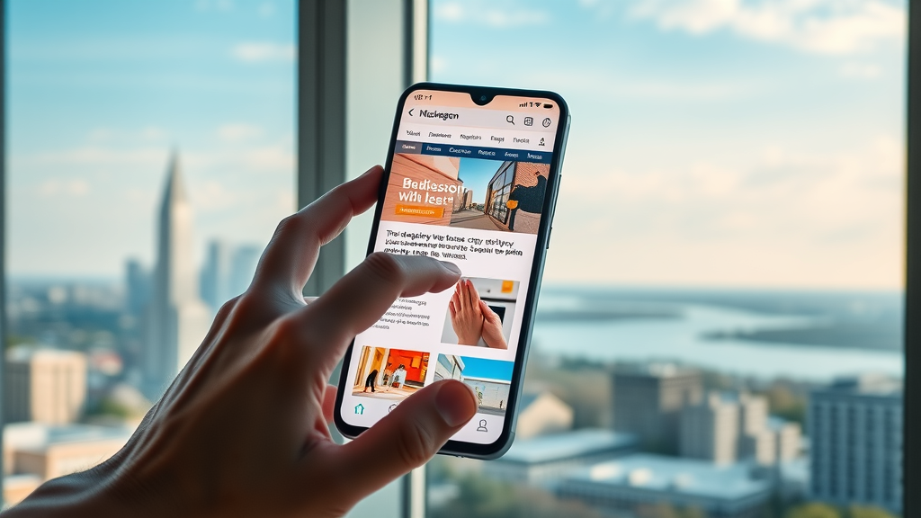 Modern smartphone displaying well-designed Muskegon business website with city skyline—mobile-friendly web design.